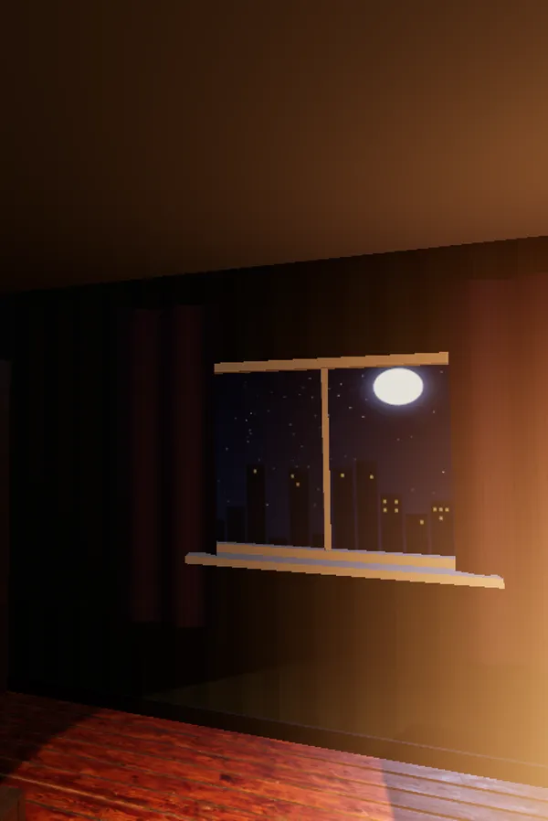 A dark bedroom at night with moonlight through the window