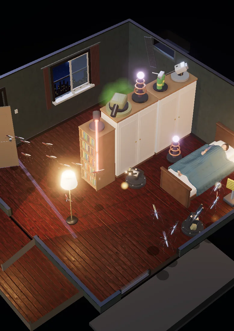 A bedroom at night defended by auto turrets, lasers and tesla coils against a mosquito swarm